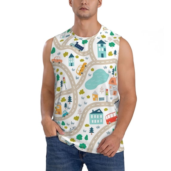 Disketp Hand Drawn Cars Trucks Buses And Roads Sleeveless Tshirts For Men, Muscle Shirts For Men Dry Fit Tank Top-Small