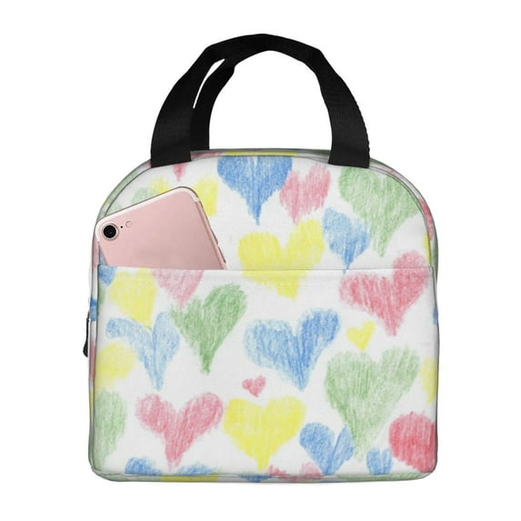 Disketp Hand Drawn Colored Hearts Lunch Bag for Women Men, Leakproof Thermal Cooler Sack Food Handbags Case High Capacity forTravel Work School Picnic