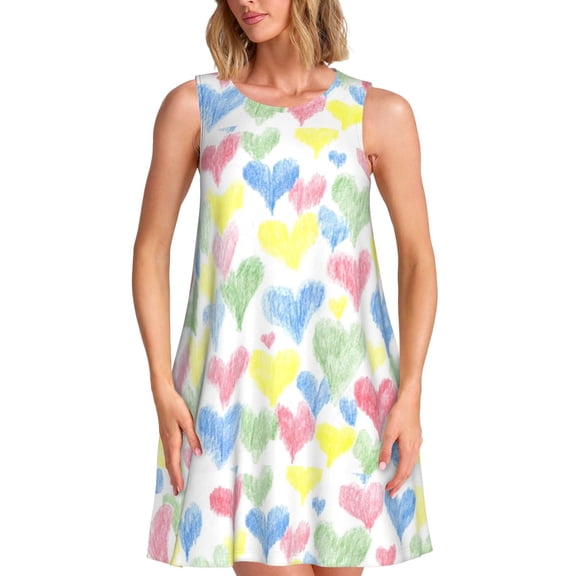 Disketp Hand Drawn Colored Hearts for Women's Sleeveless Dress Womens Summer Dresses Beach Casual Loose Dress