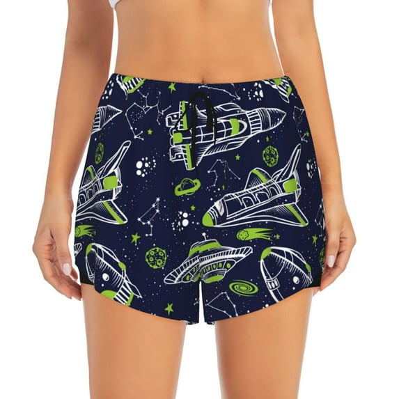 Disketp Hand Drawn Rockets Print Women's Shorts Workout Shorts for Athletic Gym Running Shorts with Phone Pockets XX-Large
