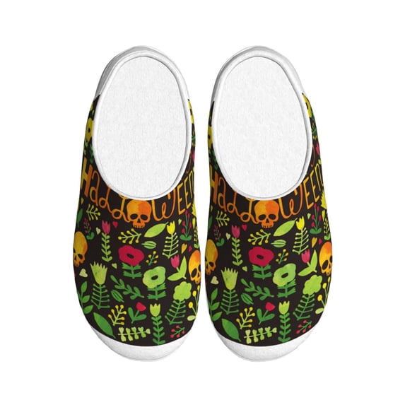 Disketp Happy Halloween Floral Women's Men's Slippers Plush Slip-On House Slipper for Winter Indoor Soft Cushion Non-slip Fluffy Slides Slippers-37/38