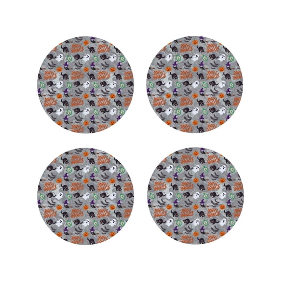 Disketp Happy Halloween Funny Coasters,4 Pcs Leather Coasters with Holder, Perfect Housewarming Hostess Gifts,Protect Furniture from Water Marks Scratch and Damage-Round Shape