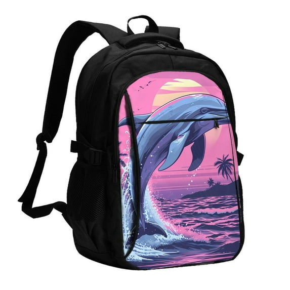 Disketp Hawaiian Beach Dolphin Travel Laptop Backpack, Laptops Backpack with USB Charging Port, Water Resistant Computer Bag Gift for Men & Women