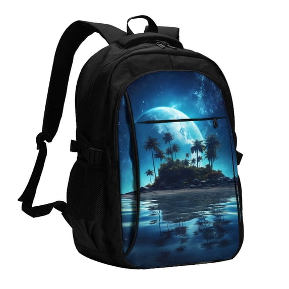Disketp Hawaiian Beach Pirate Moon Travel Laptop Backpack, Laptops Backpack with USB Charging Port, Water Resistant Computer Bag Gift for Men & Women