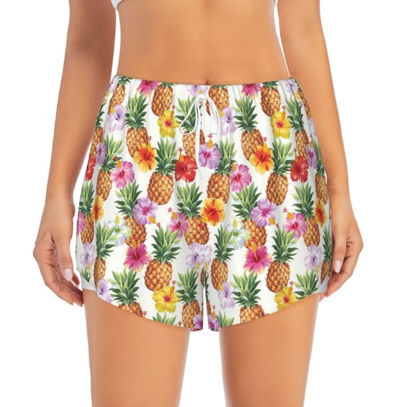 Disketp Hawaiian Pineapples And Hibiscus Flowers Print Women's Shorts Workout Shorts for Athletic Gym Running Shorts with Phone Pockets Medium
