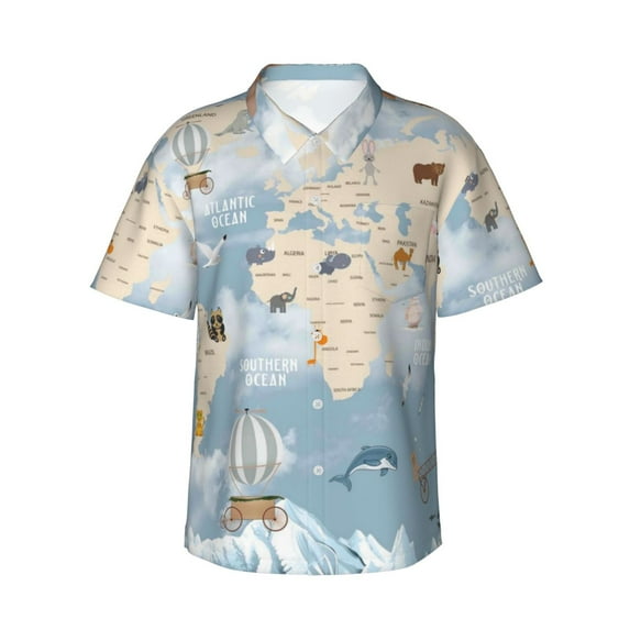 Disketp Hawaiian Shirts For Men,Animals Travel World Map Print Mens Casual Short Sleeve Button Down Shirts Beach Shirt