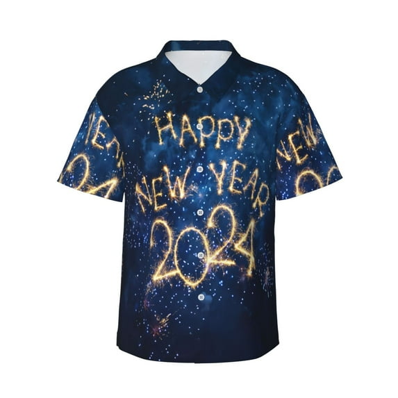 Disketp Hawaiian Shirts For Men,Beautiful New Year 2024 Print Mens Casual Short Sleeve Button Down Shirts Beach Shirt