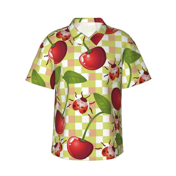Disketp Hawaiian Shirts For Men,Cherries And Ladybirds Print Mens Casual Short Sleeve Button Down Shirts Beach Shirt