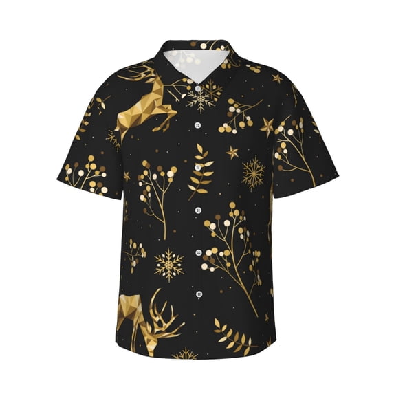 Disketp Hawaiian Shirts For Men,Christmas Gold Deers1 Print Mens Casual Short Sleeve Button Down Shirts Beach Shirt