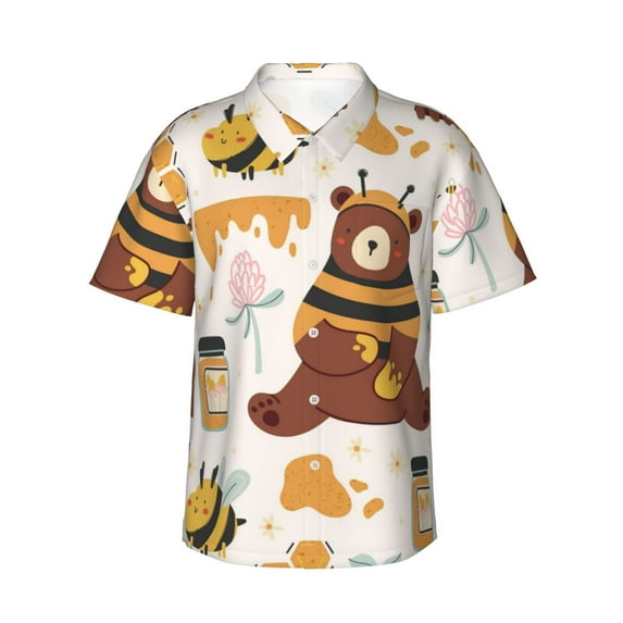 Disketp Hawaiian Shirts For Men,Cute Bee Honey Jar Hive Bear Print Mens Casual Short Sleeve Button Down Shirts Beach Shirt