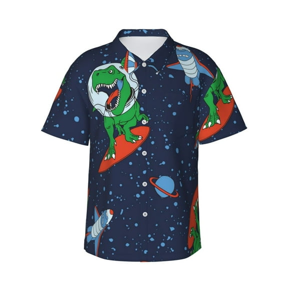 Disketp Hawaiian Shirts For Men,Dinosaur Astronaut Space Surfing Print Mens Casual Short Sleeve Button Down Shirts Beach Shirt