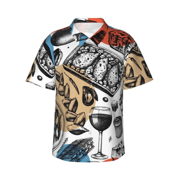 Disketp Hawaiian Shirts For Men,French Food Print Mens Casual Short Sleeve Button Down Shirts Beach Shirt