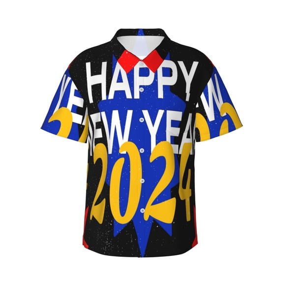 Disketp Hawaiian Shirts For Men,Happy New Year 2024 Print Mens Casual Short Sleeve Button Down Shirts Beach Shirt