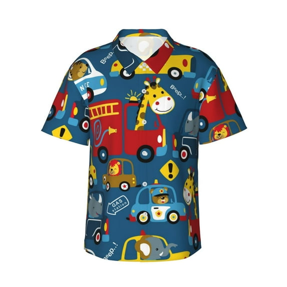 Disketp Hawaiian Shirts For Men,Vehicles Cartoon With Funny Drivers Print Mens Casual Short Sleeve Button Down Shirts Beach Shirt
