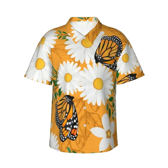 Disketp Hawaiian Shirts For Men,White Floral And Butterflies Print Mens Casual Short Sleeve Button Down Shirts Beach Shirt