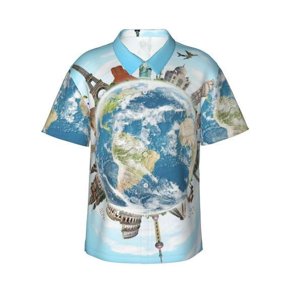 Disketp Hawaiian Shirts For Men,World Travel Print Mens Casual Short Sleeve Button Down Shirts Beach Shirt