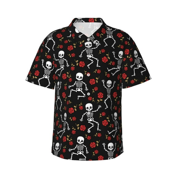 Disketp Hawaiian Shirts for Men,Skeleton with Roses Print Mens Casual Short Sleeve Button Down Shirts Beach Shirt