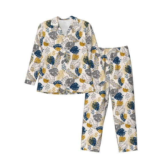 Disketp Hawaiian Style Mens Pajama Set, Soft Warm Long Sleeve Sleepwear, Cozy Button-Down Pjs for Men-Large