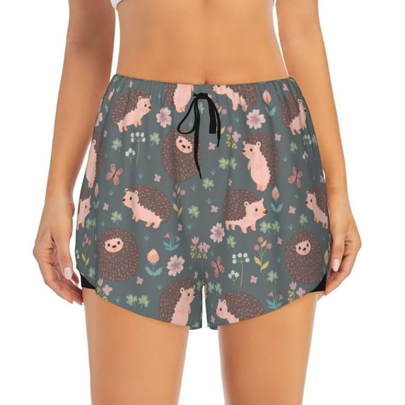 Disketp Hedgehogs and Flowers1 Print Women's Shorts Workout Shorts for Athletic Gym Running Shorts with Phone Pockets Small