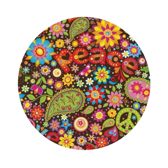 Disketp Hippie Peace Love Funny Coasters,4 Pcs Leather Coasters With Holder, Perfect Housewarming Hostess Gifts,Protect Furniture From Water Marks Scratch