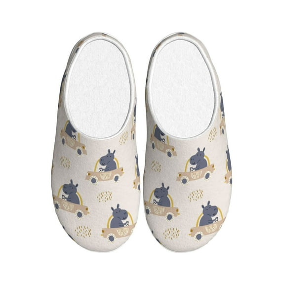 Disketp Hippos Driving A Car Women's Men's Slippers Plush Slip-On House Slipper for Winter Indoor Soft Cushion Non-slip Fluffy Slides Slippers-46/47