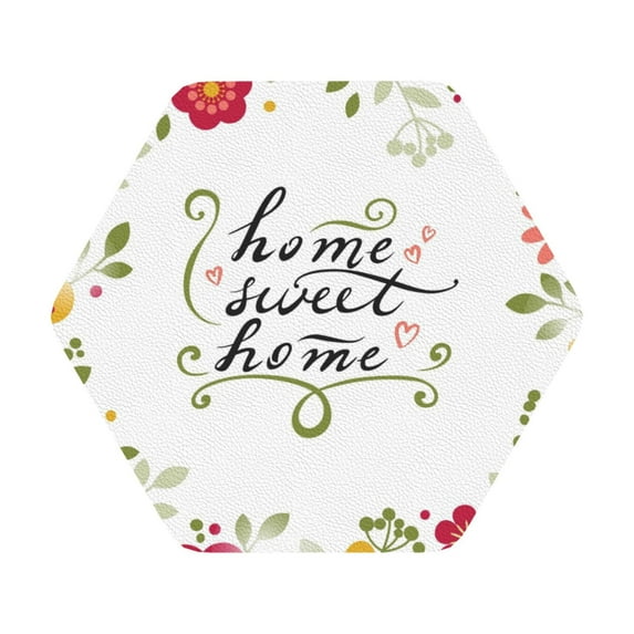 Disketp Home Sweet Home Floral Funny Coasters,6 Pcs Leather Coasters With Holder, Perfect Housewarming Hostess Gifts,Protect Furniture From Water Marks Scratch And Damage