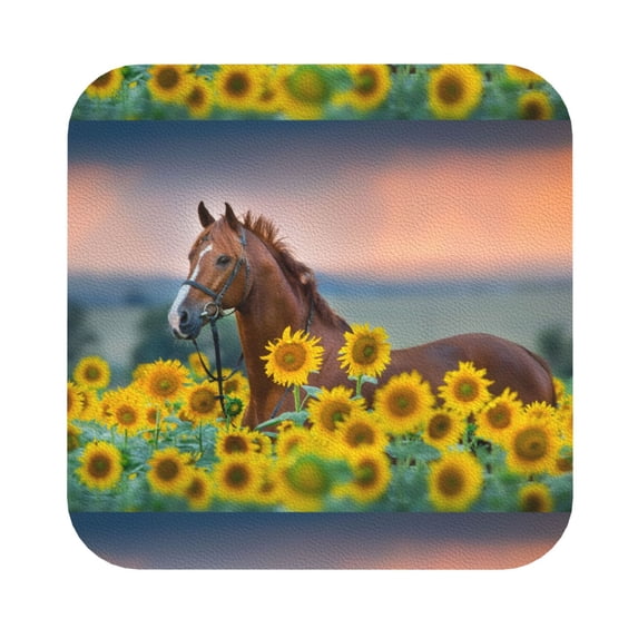Disketp Horse Sunflowers Funny Coasters,4 Pcs Leather Coasters With Holder, Perfect Housewarming Hostess Gifts,Protect Furniture From Water Marks Scratch And Damage