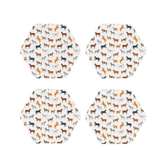 Disketp Horses Funny Coasters,4 Pcs Leather Coasters with Holder, Perfect Housewarming Hostess Gifts,Protect Furniture from Water Marks Scratch and Damage-Hexagon