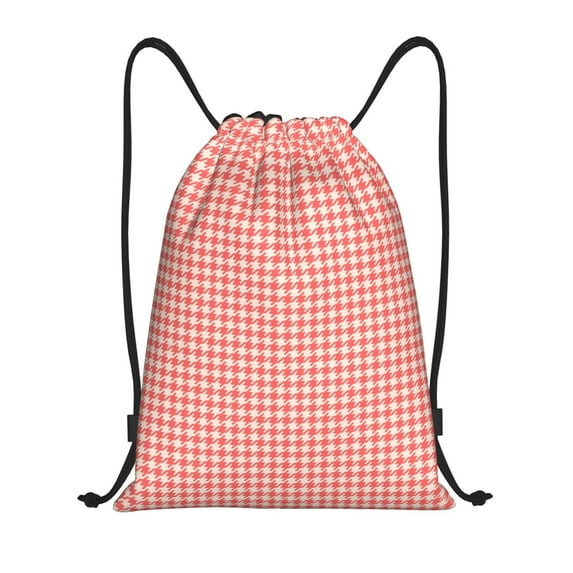 Disketp Houndstooth With Red And White Drawstring Backpack Drawstring Gym Bags Draw String Bags for Sports, Gym, Travel, Swimming, Beach-Small