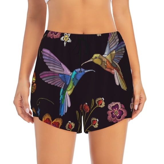 Disketp Humming Bird Print Women's Shorts Workout Shorts for Athletic Gym Running Shorts with Phone Pockets Large