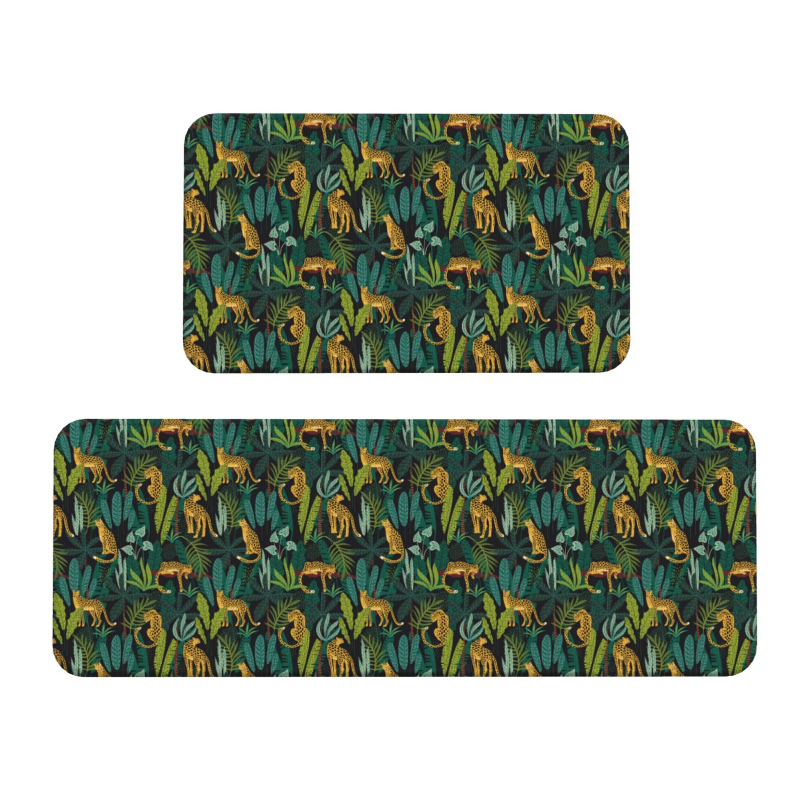 Disketp Jungle Leopard Yellow Kitchen Mat Cushioned Rug Set, 2 Pieces