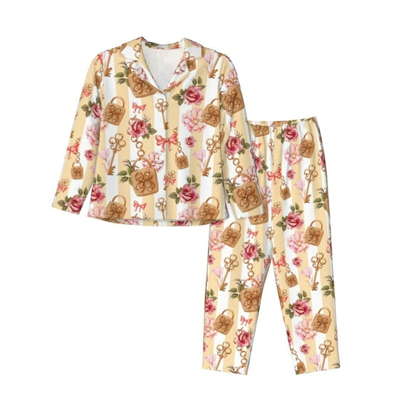 Disketp Key Lock And Flowers Pajamas Set Long Sleeve Sleepwear Womens Button Down Nightwear Pj Sets-{designName}-Large
