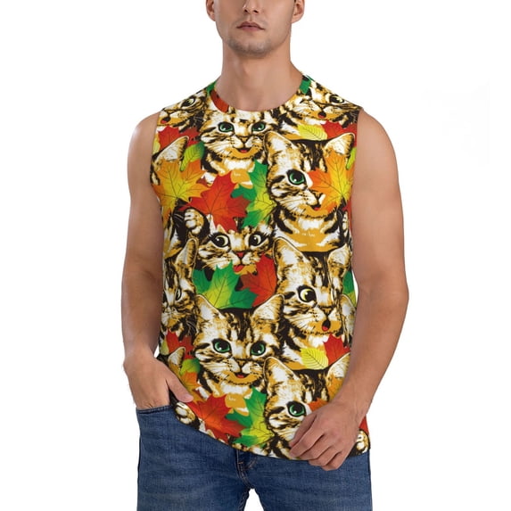 Disketp Kittens With Maple Leaves Sleeveless Tshirts for Men, Muscle Shirts for Men Dry Fit Tank Top-Small