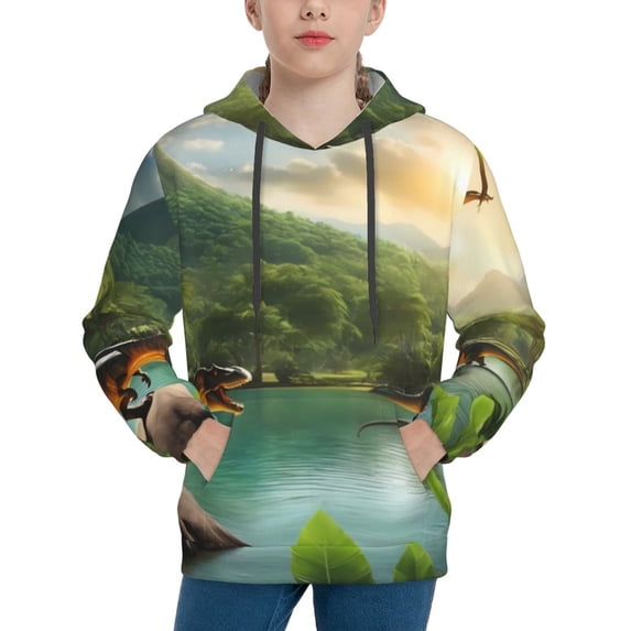 Disketp Lake Forest Dinosaur Youth Hoodie Sweatshirt for Boys Girls Kids Pullover Hooded Classic Casual Essentials Hoodie-X-Large