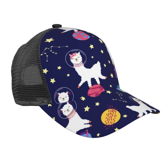 Disketp Lama in Space Print Trucker Hat Men Women - Mesh Baseball SnapBack Cap