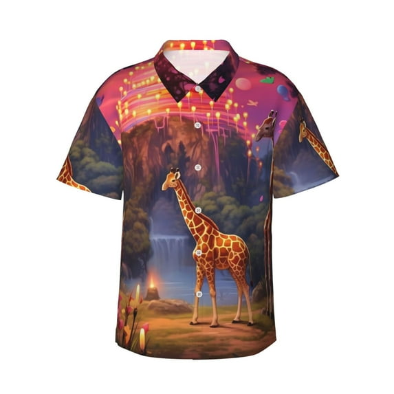 Disketp Lantern Giraffes Magical Forest Hawaiian Shirts for Men,Mens Casual Short Sleeve Button Down Shirts Beach Shirt,Large