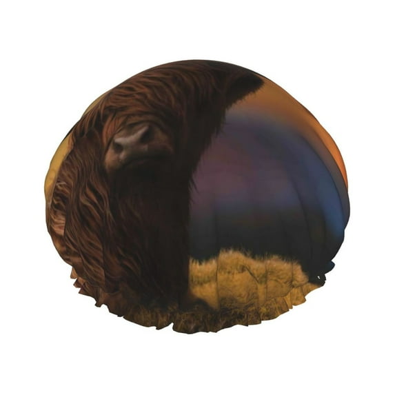 Disketp Large Cattle In A Meadow In Top Of A Hill Shower Caps,Reusable Shower Cap For Women, Double Layer Waterproof Hair Cap, Large Size For All Hair Lengths,For Girls Spa Home Salon Use