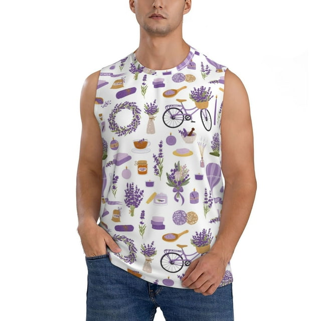 Disketp Lavender Flowers Sleeveless Tshirts for Men, Muscle Shirts for