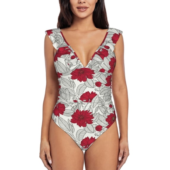 Disketp Leaves PrintWomen's Ruffled One Piece Swimsuit V Neck-X-Large