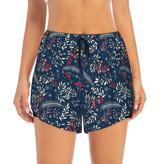 Disketp Leaves Snowflakes Print Women's Shorts Workout Shorts for Athletic Gym Running Shorts with Phone Pockets Large