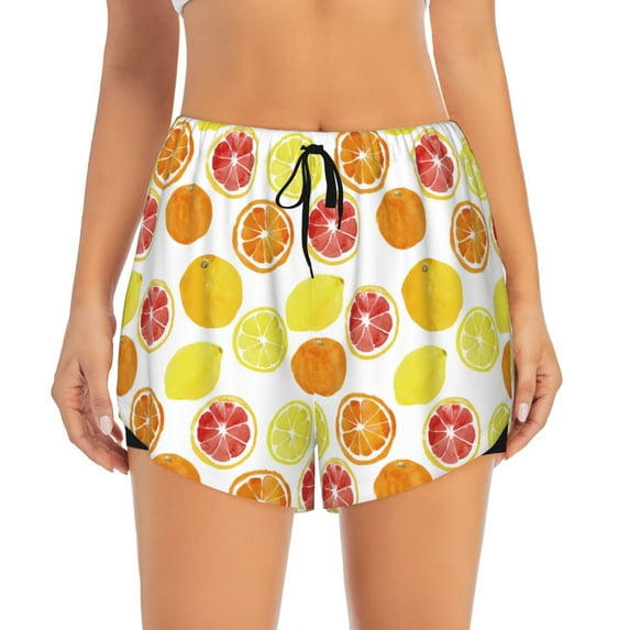 Disketp Lemon Orange Print Women's Shorts Workout Shorts for Athletic Gym Running Shorts with Phone Pockets Small