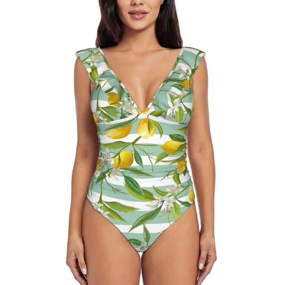 Disketp Lemon PrintWomen's Ruffled One Piece Swimsuit V Neck-Medium