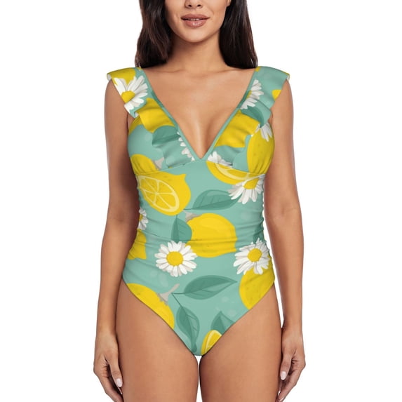 Disketp Lemons PrintWomen's Ruffled One Piece Swimsuit V Neck-Large