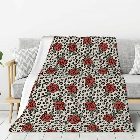 Disketp Leopard Print Rose Cozy Flannel Fleece Throw Blanket: Has a velvety texture for All Seasons - Perfect for Women, Men, & Kids"50"x40"