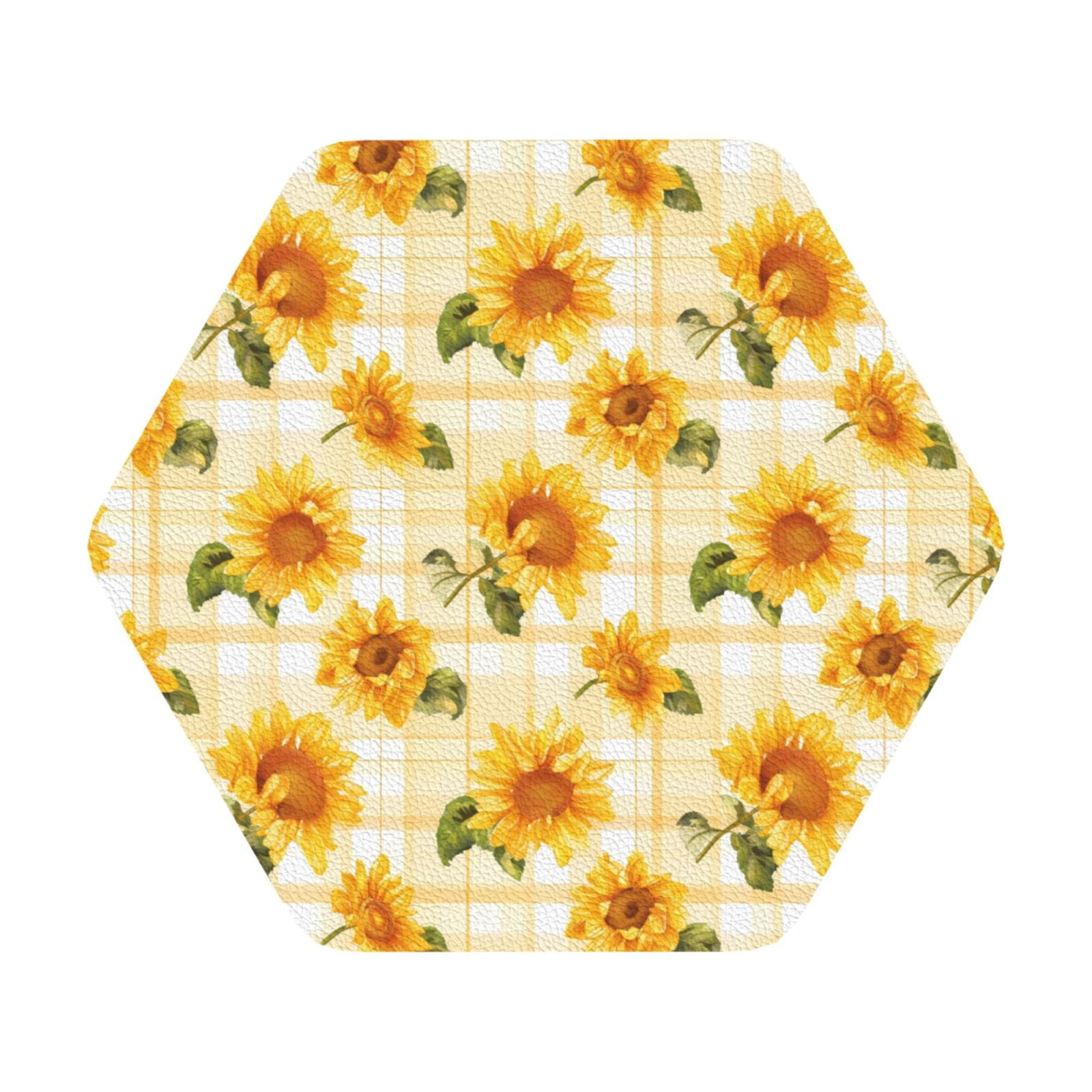 Disketp Light Yellow Plaid Sunflower Funny Coasters,6 Pcs Leather