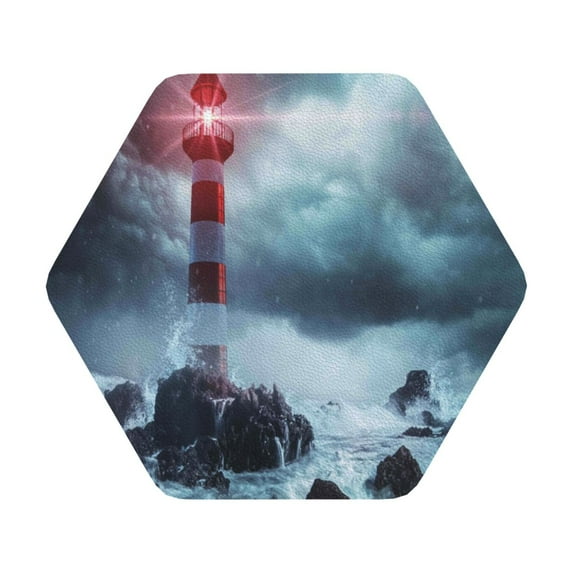 Disketp Lighthouse In A Stormy Sea Funny Coasters,6 Pcs Leather Coasters With Holder, Perfect Housewarming Hostess Gifts,Protect Furniture From Water Marks Scratch And Damage