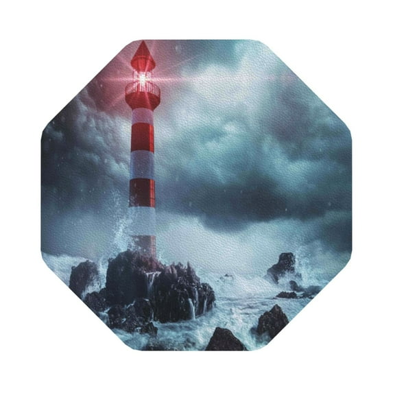 Disketp Lighthouse In A Stormy Sea Funny Coasters,6 Pcs Leather Coasters With Holder, Perfect Housewarming Hostess Gifts,Protect Furniture From Water Marks Scratch And Damage