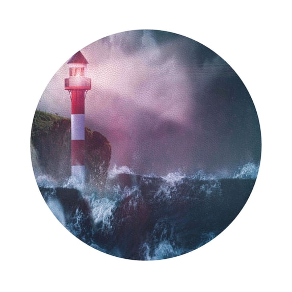 Disketp Lighthouse Waves Torrential Rain Funny Coasters,6 Pcs Leather Coasters With Holder, Perfect Housewarming Hostess Gifts,Protect Furniture From Water Marks Scratch And Damage