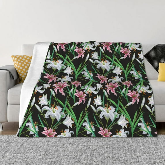 Disketp Lilies Flowers Flannel Blankets - Thick and Warm Blanket for Winter, Soft Fuzzy Plush King Blanket for All Seasons50"x40"