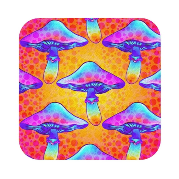 Disketp Magic Mushrooms Funny Coasters,4 Pcs Leather Coasters With Holder, Perfect Housewarming Hostess Gifts,Protect Furniture From Water Marks Scratch